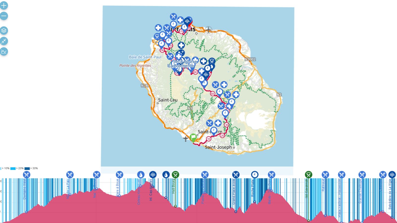 Carte de La Réunion avec le tracé 2026 de la Diagonale des Fous de Saint-Pierre à Saint-Denis, et profil altimétrique avec les postes de Domaine Vidot à La Redoute