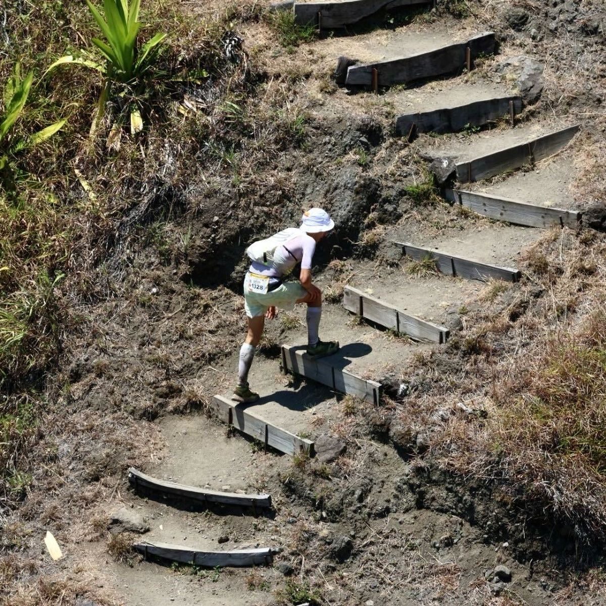 Un coureur à casquette blanche gravit des marches en bois sur un sentier de terre sèche